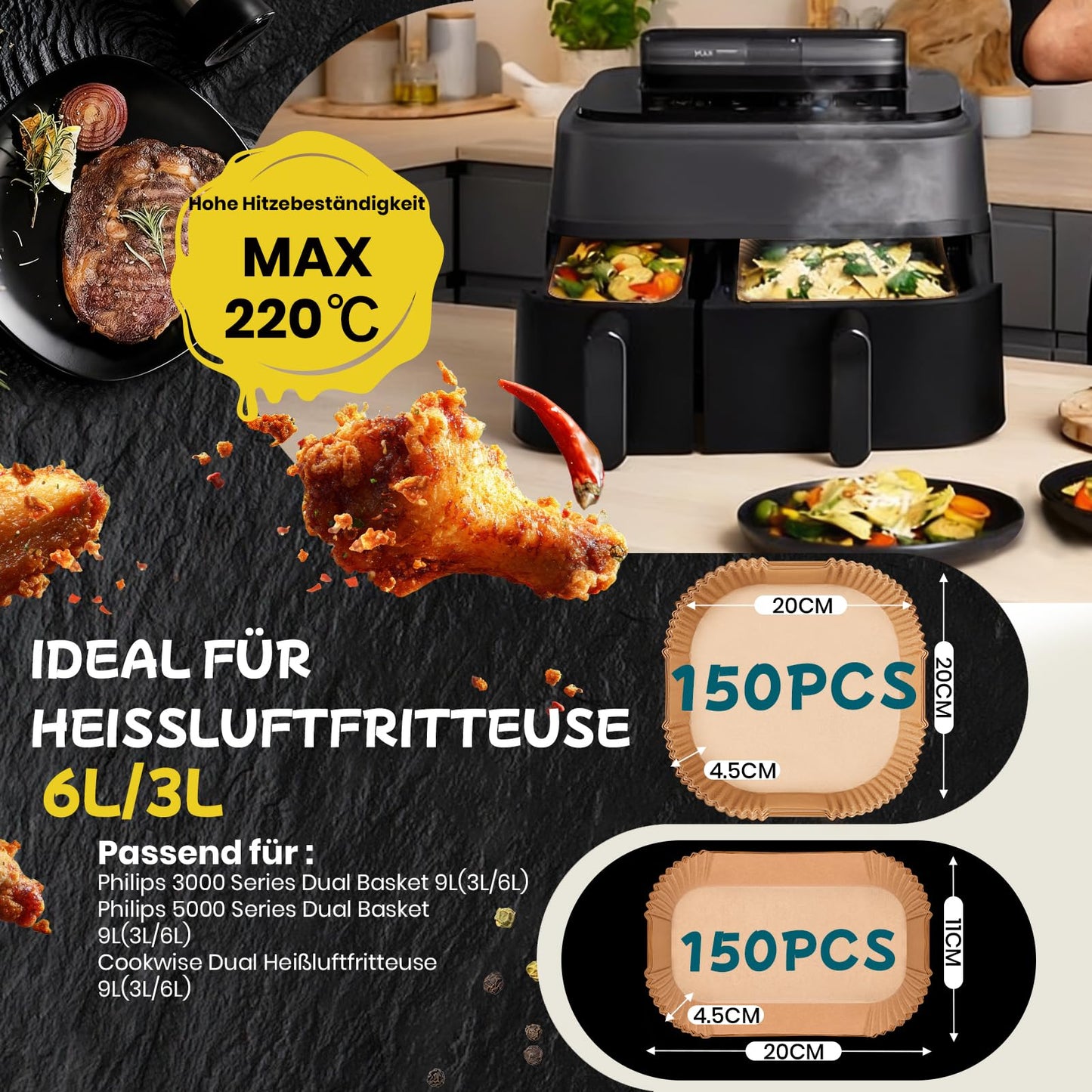 300 stk. airfryer bagepapir til Philips Dual Basket 9L