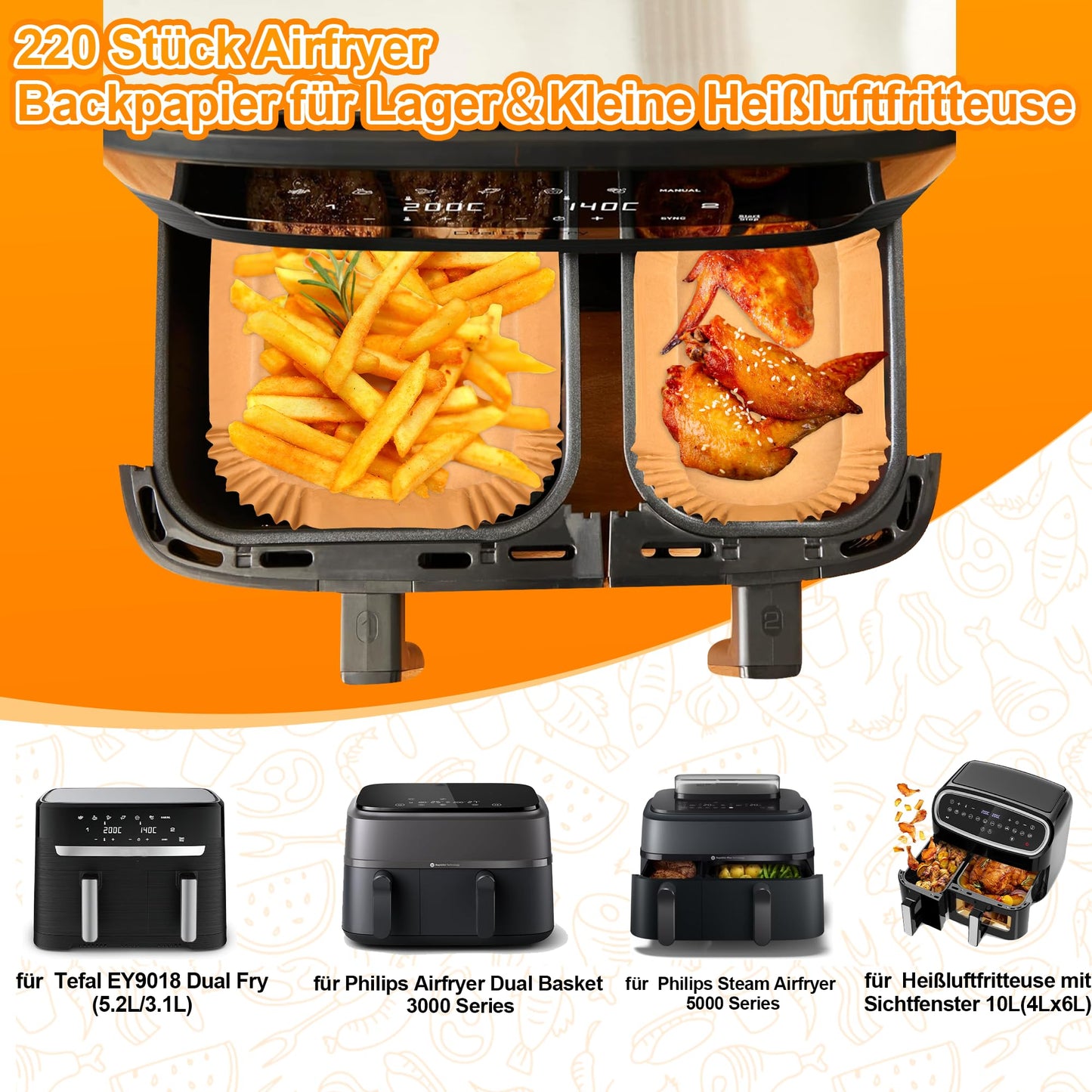 Hivio 220 stk. airfryer bagepapir til Philips Dual Basket 6L/3L
